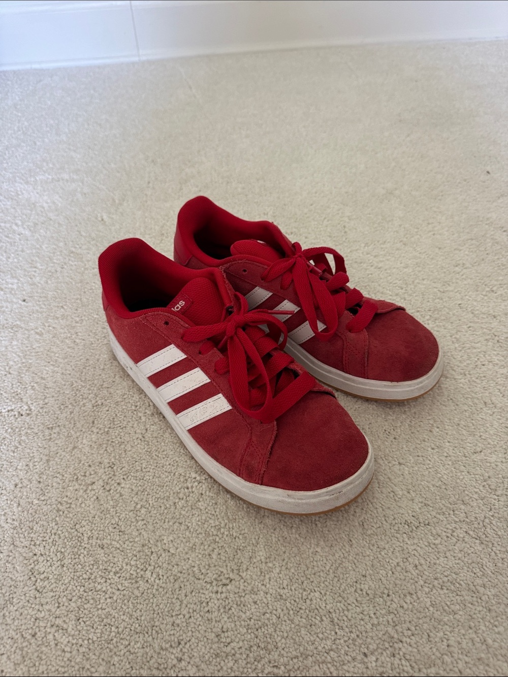 adidas Kids Red Suede Sneakers with White Stripes